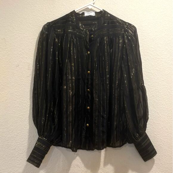 Frame Denim Tops - Frame Black & Gold Noir Lurex Stripe Silk Metallic Blend Blouse Size XS